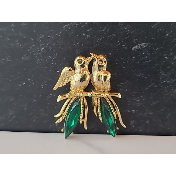 Two Birds Rhinestone Gold Tone Metal Brooch Vintage Costume Jewelry - Picture 1 of 10
